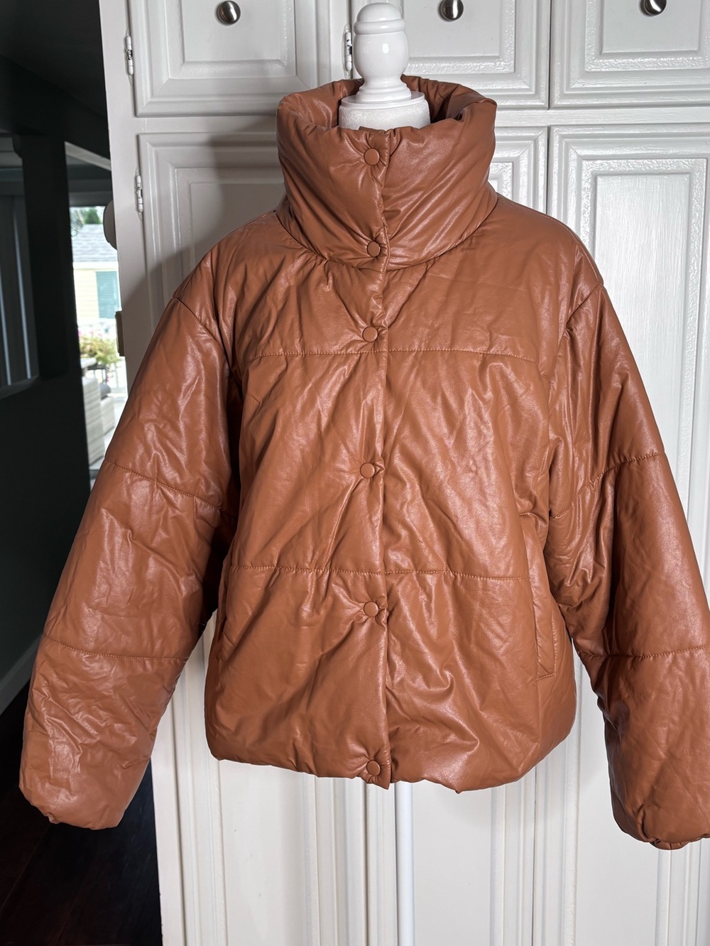 Lioness Brown Faux Leather Puffer Jacket M Oversized High Collar